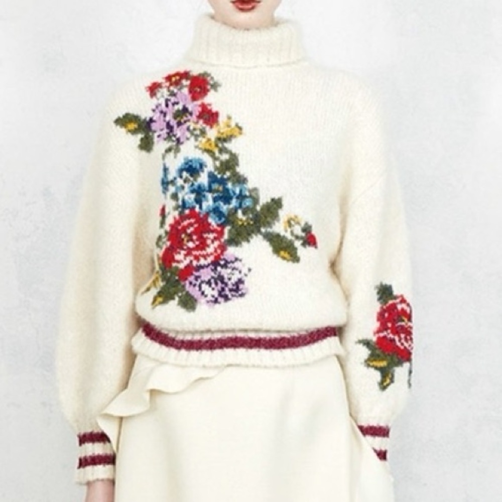 Cream Floral Turtleneck Sweater with Multicolor Bouquet